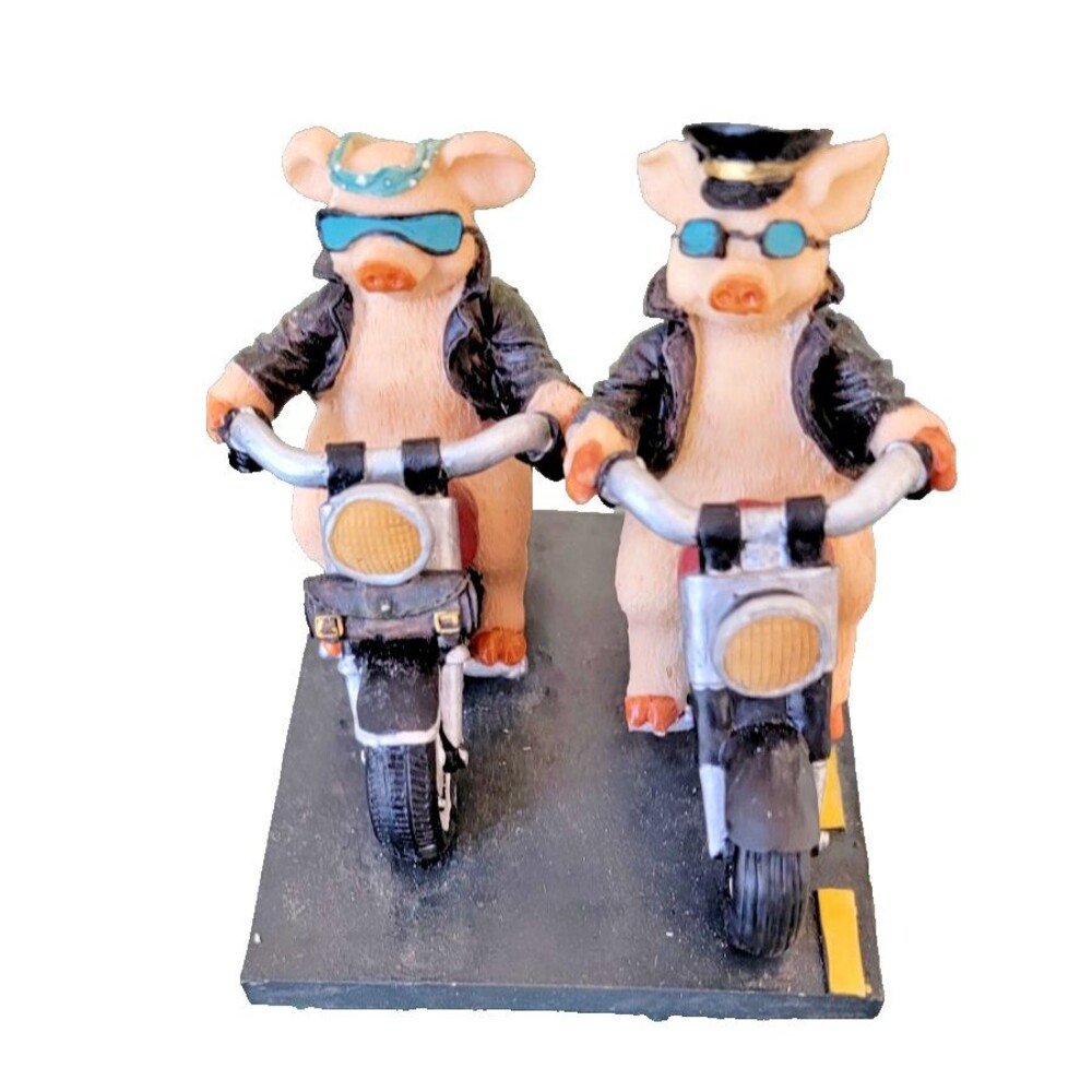Youngs Hogs on a Hog Resin Figurine Pig Couple on Motorcycles  Biker Babe 3.5"